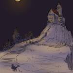 A castle on a hill under a bright moon with a black cat on the drive, painting by Camila Denleschi, Pixabay