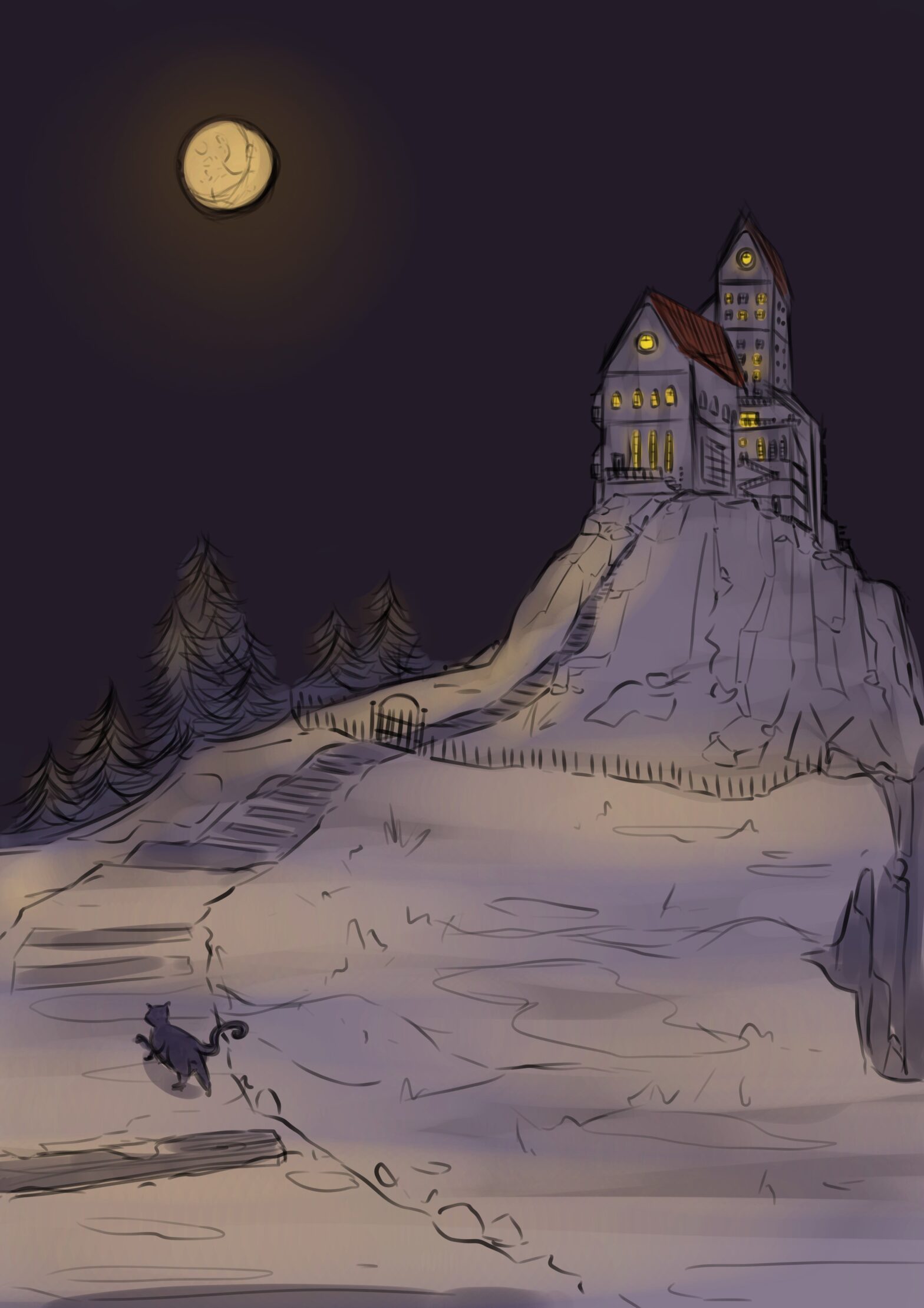 A castle on a hill under a bright moon with a black cat on the drive, painting by Camila Denleschi, Pixabay