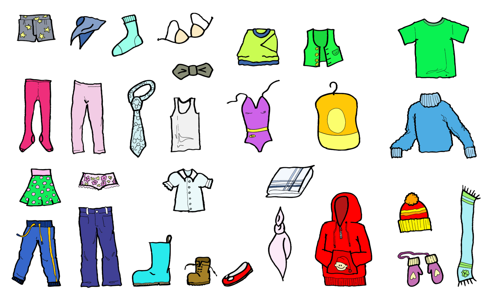 Spot the handkerchief! Simple coloured drawings of various articles of apparel