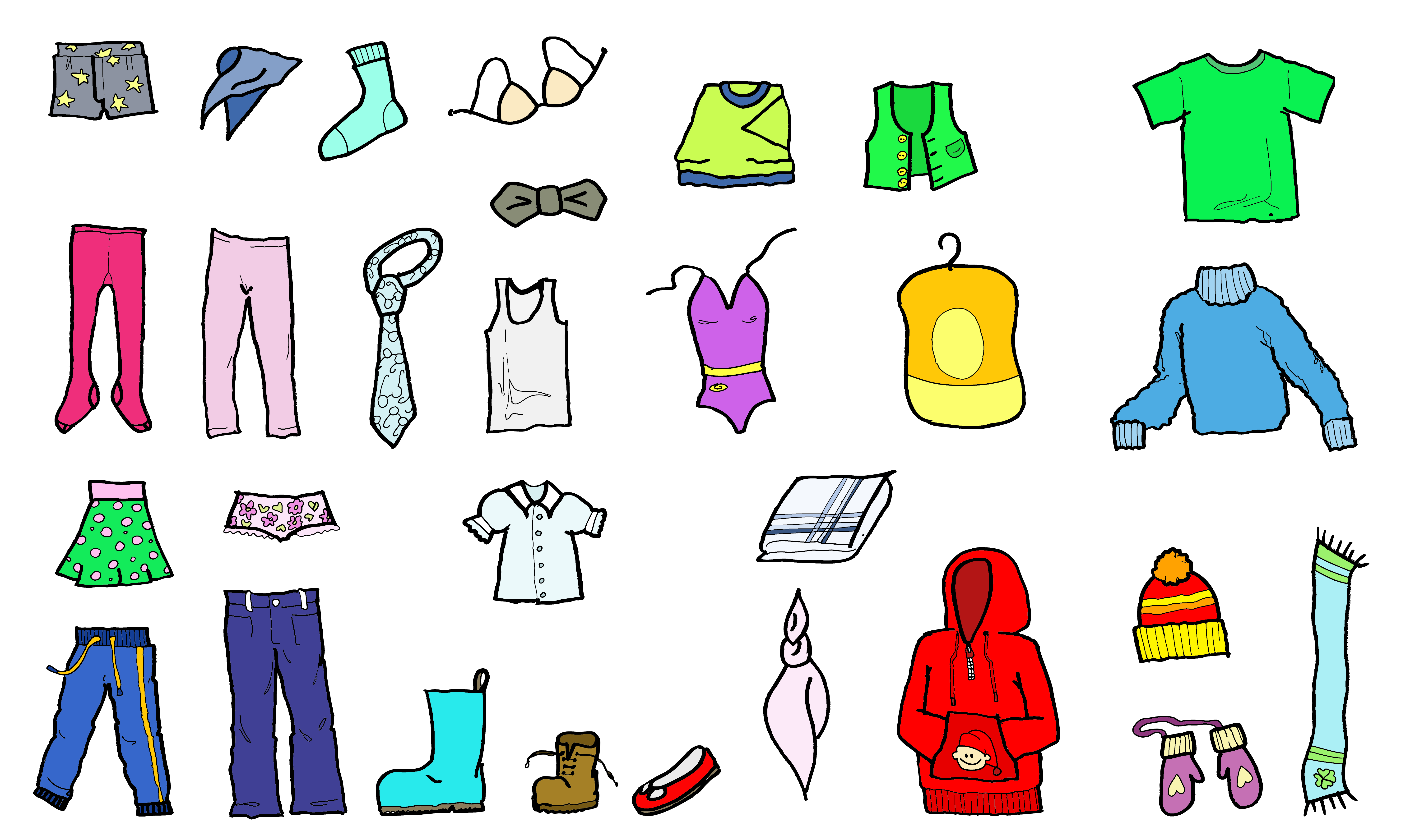 Spot the handkerchief! Simple coloured drawings of various articles of apparel